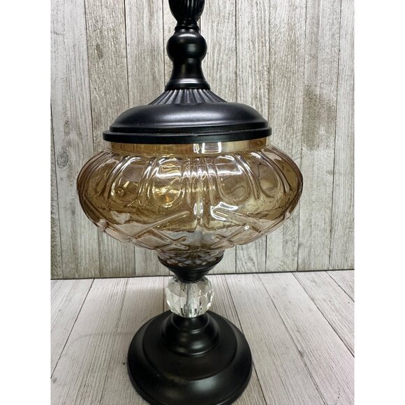 Vtg Decorative Brown Amber Swirl Glass Bowl W/Metal Pedestal & Lid 12.5" Tall - Picture 3 of 14